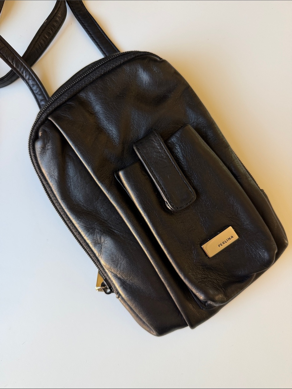 Perlina Black Leather Belt Bag with Front Pocket